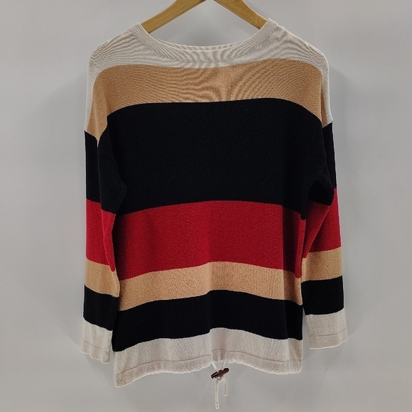 None Sweaters - Color Block Sweater Size Large Black Red Tan White Pullover Drawstring Waist